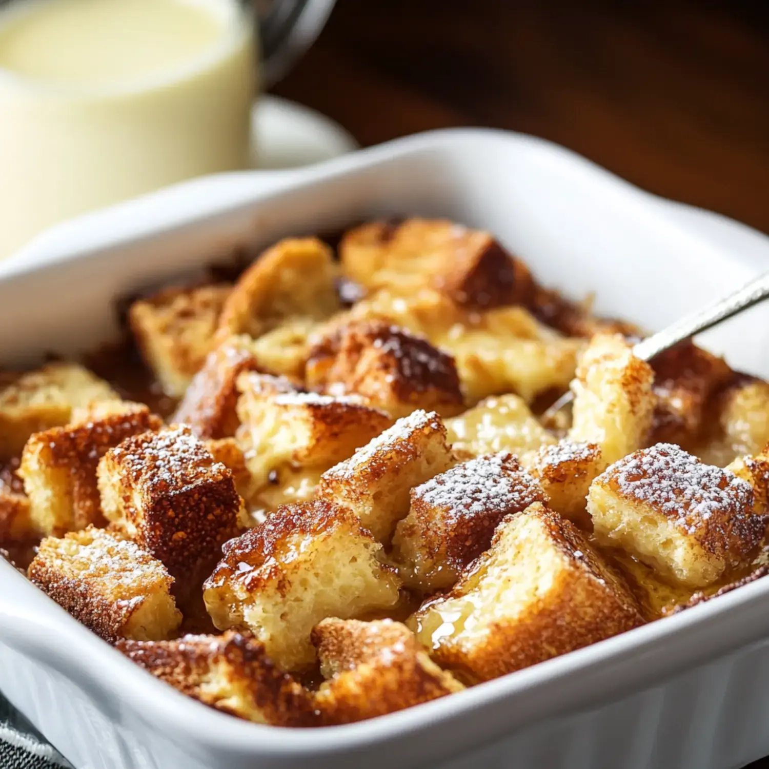 Warm baked toast cubes dusted with powdered sugar, served alongside cream.