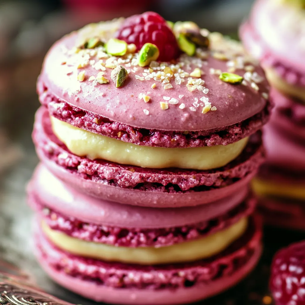 Soft pretty pink almond macarons with pistachio and raspberry