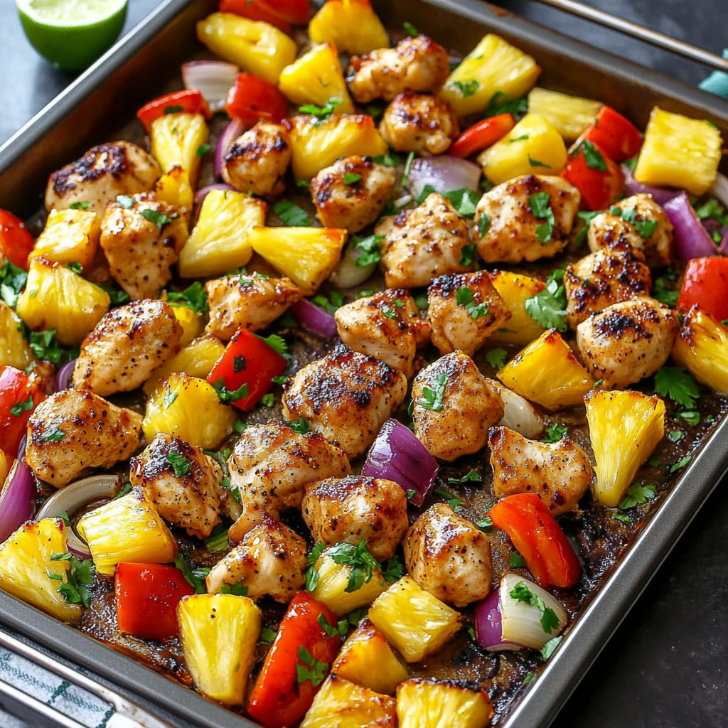A delicious Hawaiian Chicken dish with pineapple, onions, peppers, and chicken.