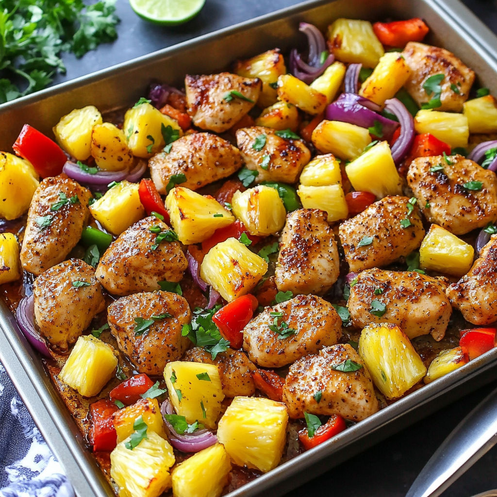 A pan of chicken with pineapple and peppers, ready to be cooked.