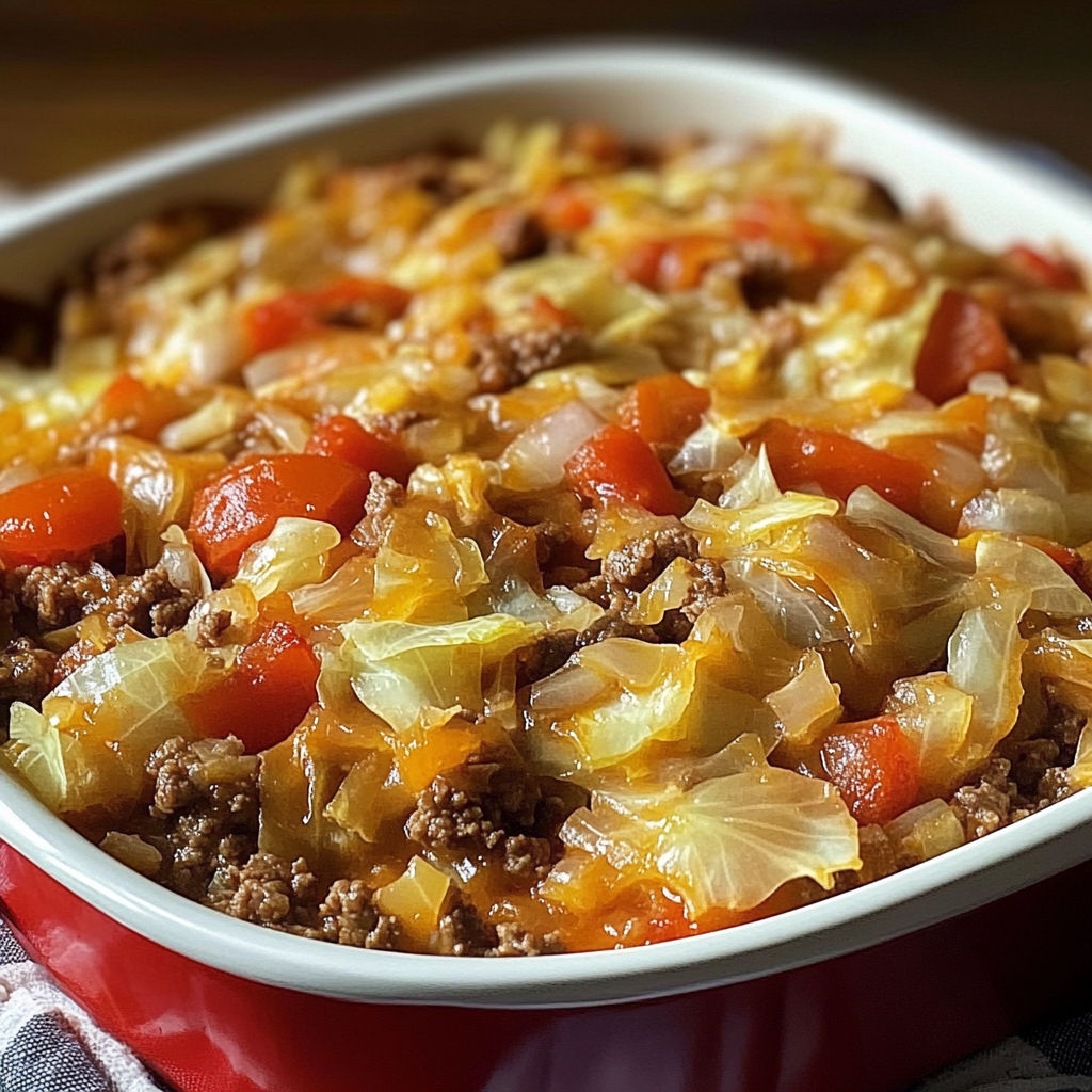A delicious Savory Cabbage Beef Bake is ready to be served in a red bowl.