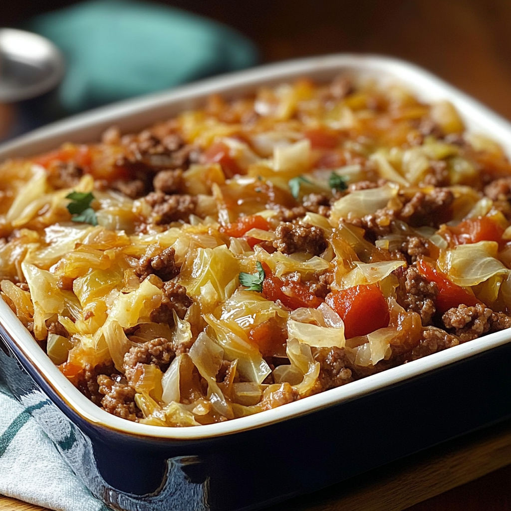A delicious savory cabbage beef bake in a white bowl.