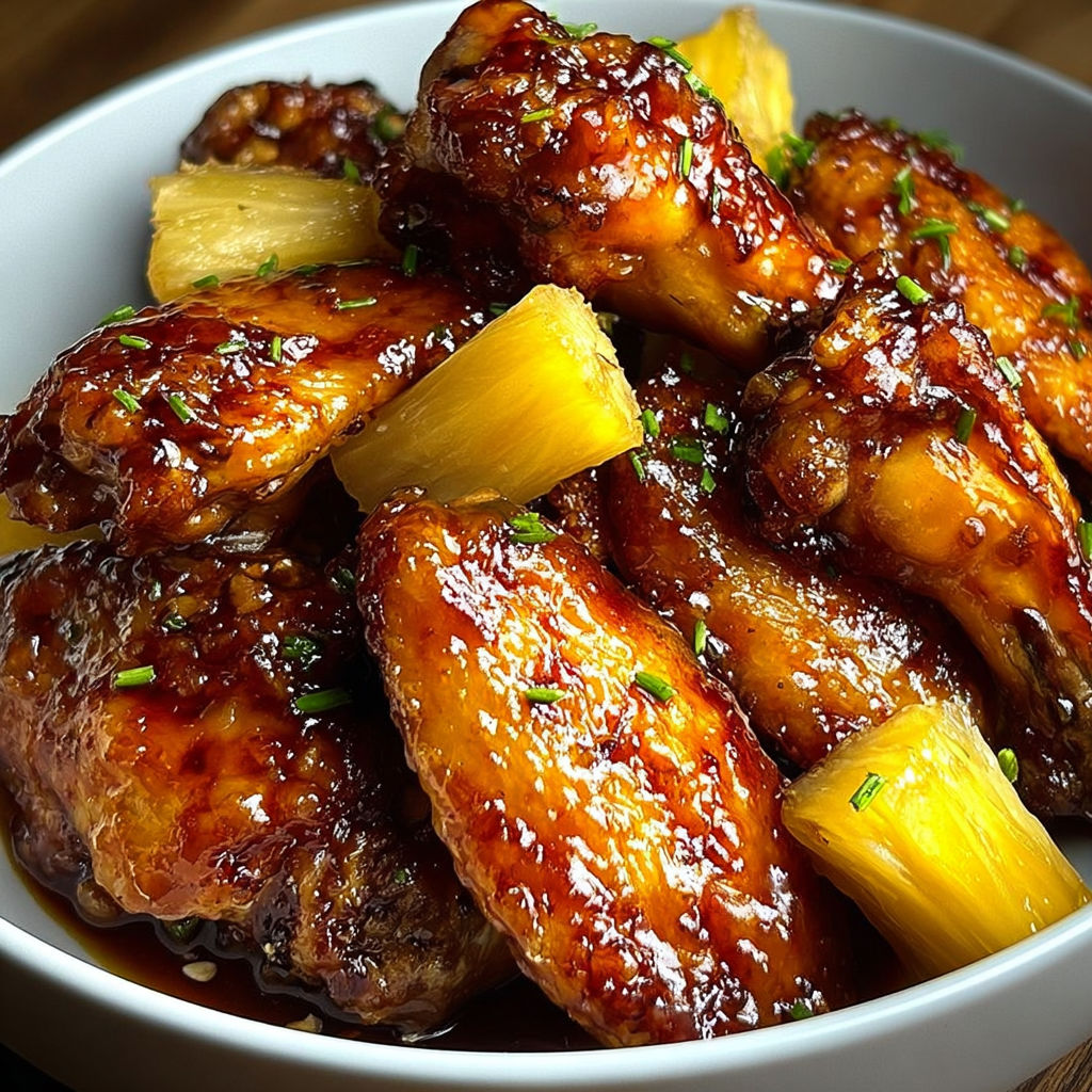 A plate of chicken wings covered in a brown sugar pineapple sauce.