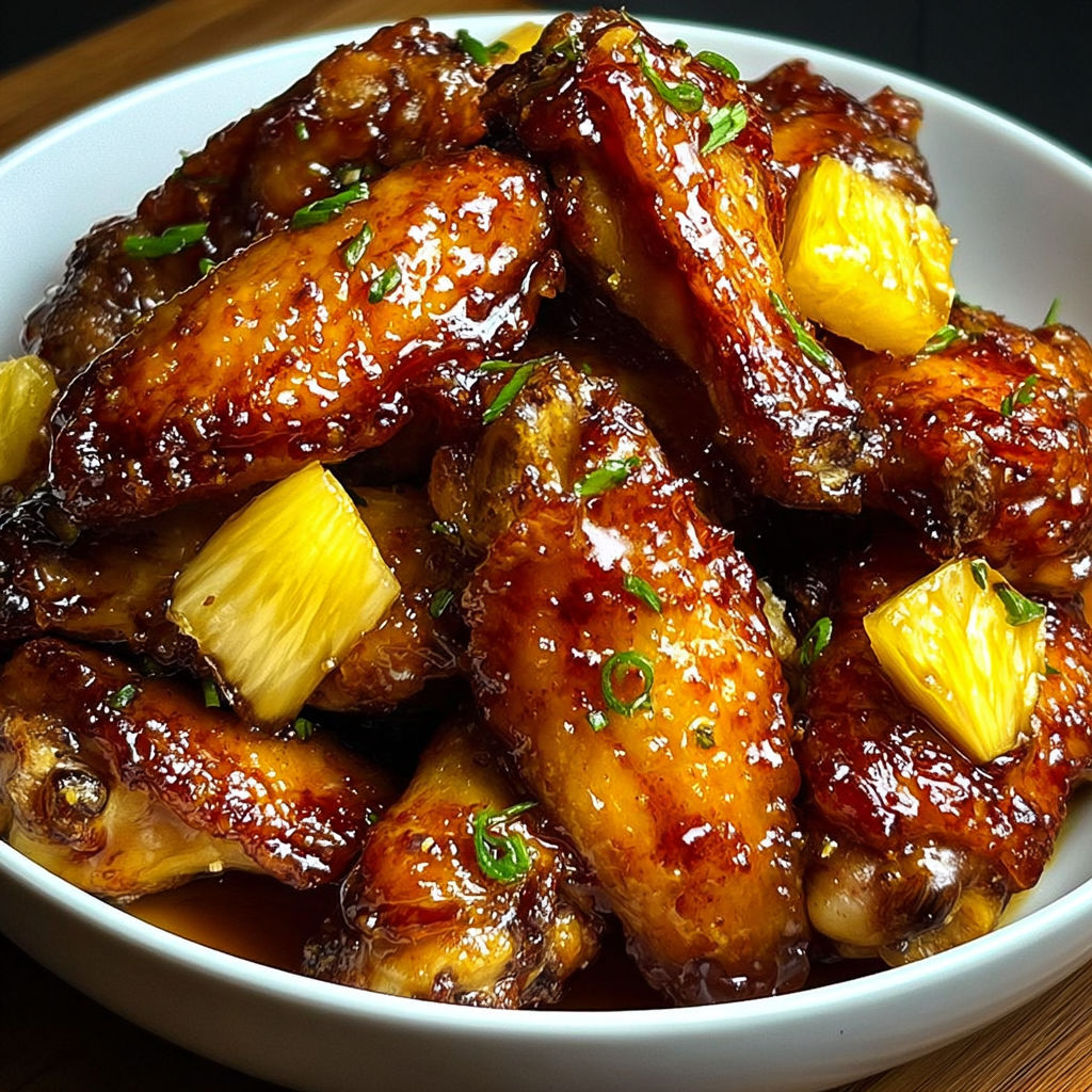 A bowl filled with delicious brown sugar pineapple wings chicken.
