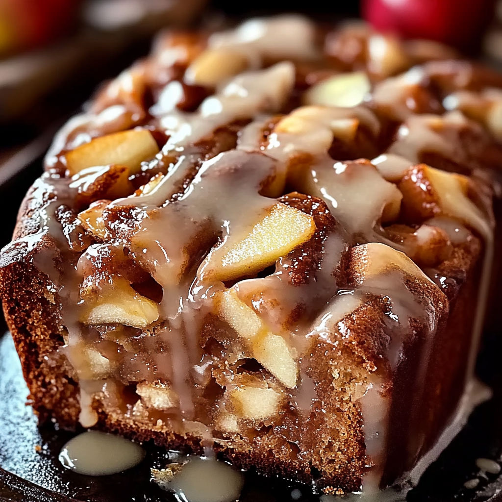 A slice of apple cinnamon bread with a drizzle of caramel sauce on top.