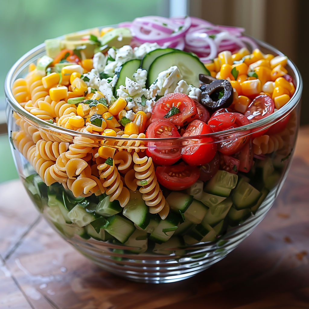 A bowl of pasta salad with various vegetables and cheese.