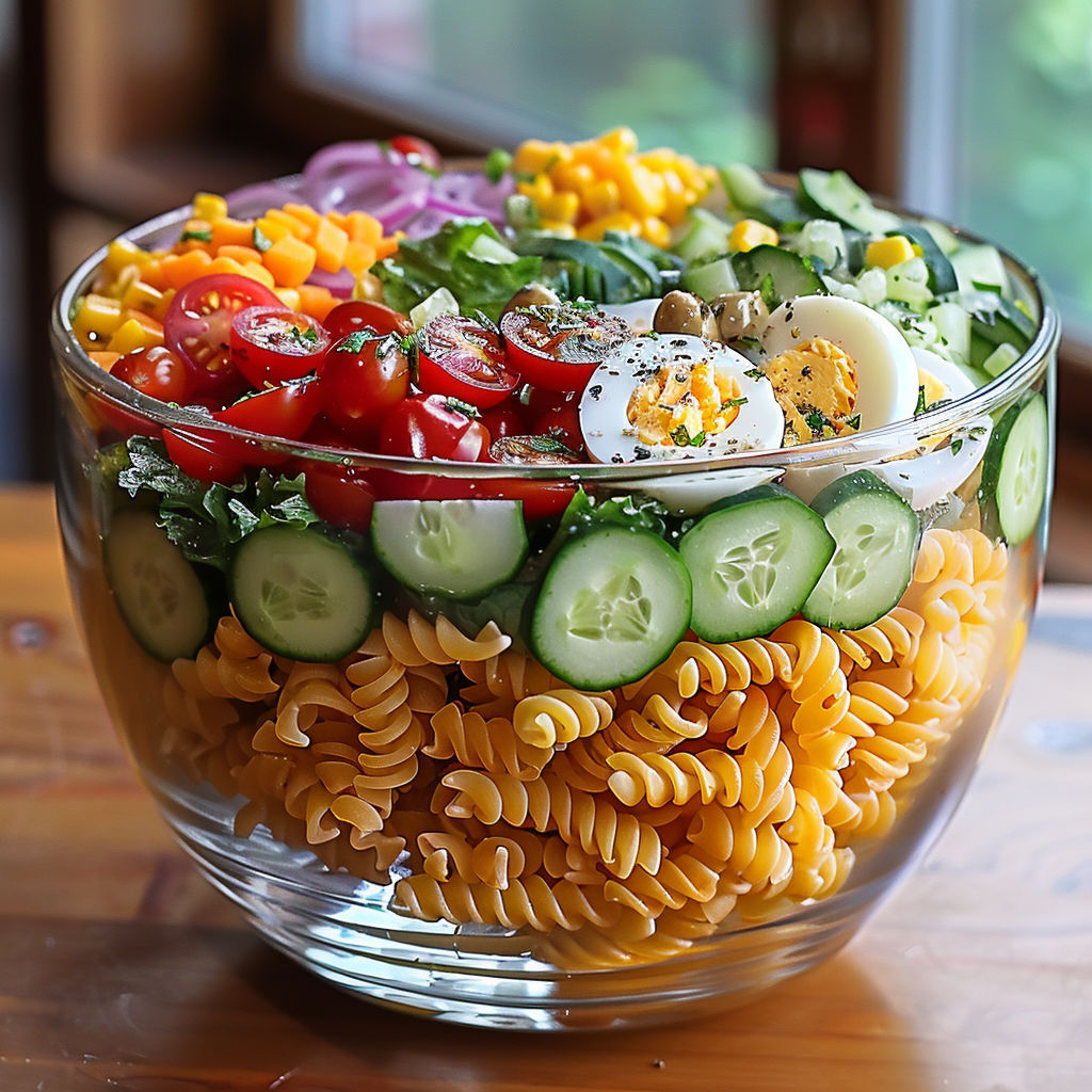 A bowl of pasta salad with various vegetables and pasta.
