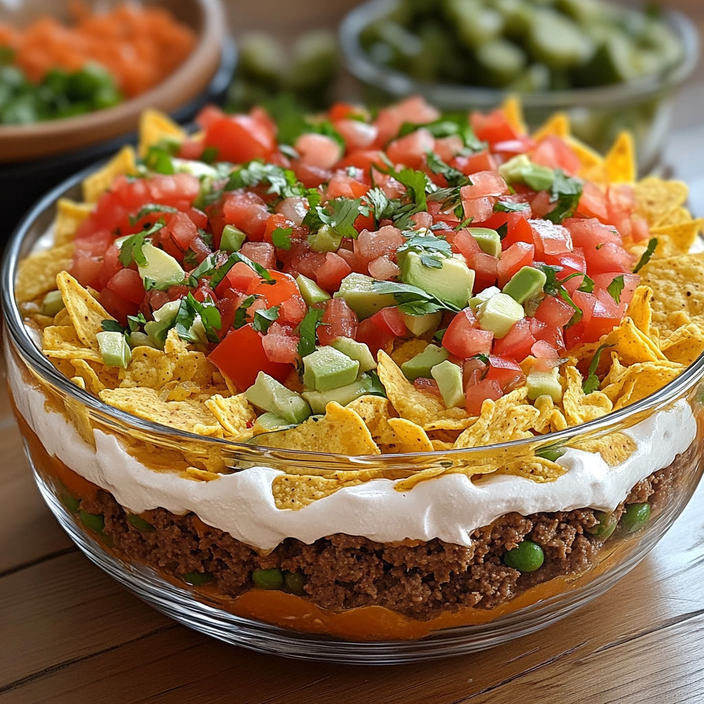 A delicious Seven-Layer Taco Dip is served in a glass bowl, topped with a variety of fresh ingredients.
