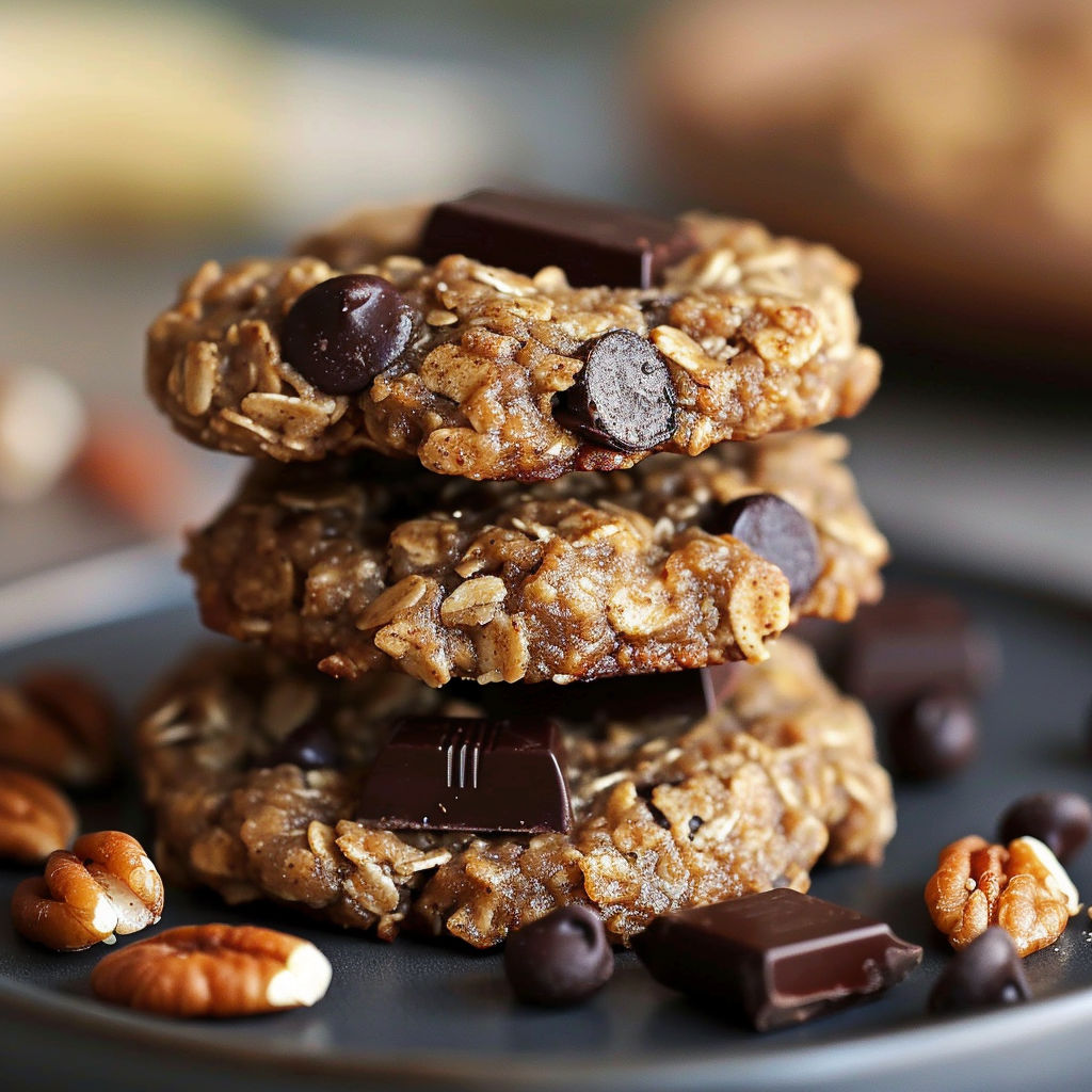 A stack of three chocolate chip cookies made with oats and nuts, no sugar added.