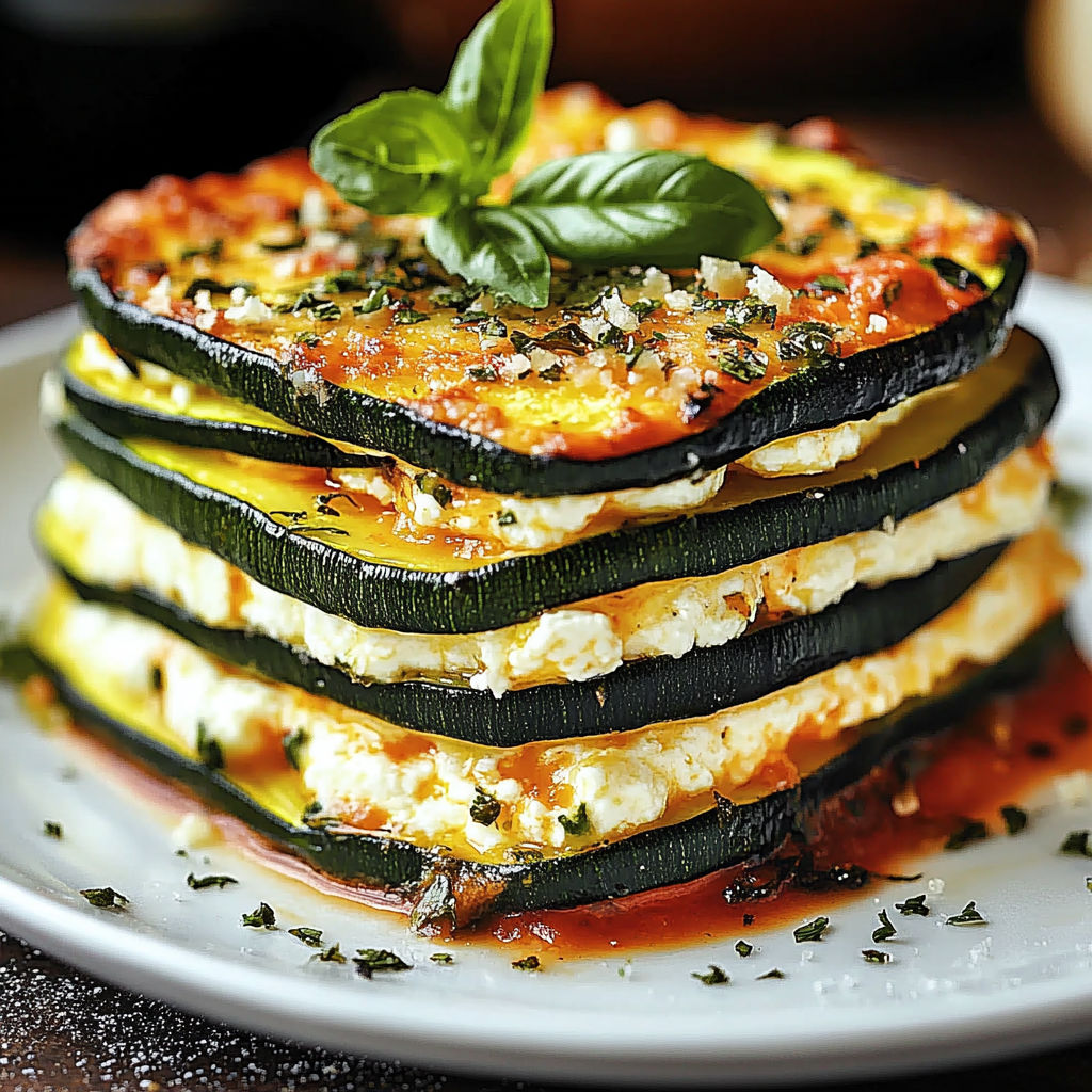 A stack of zucchini with cheese and herbs on top, served on a white plate.