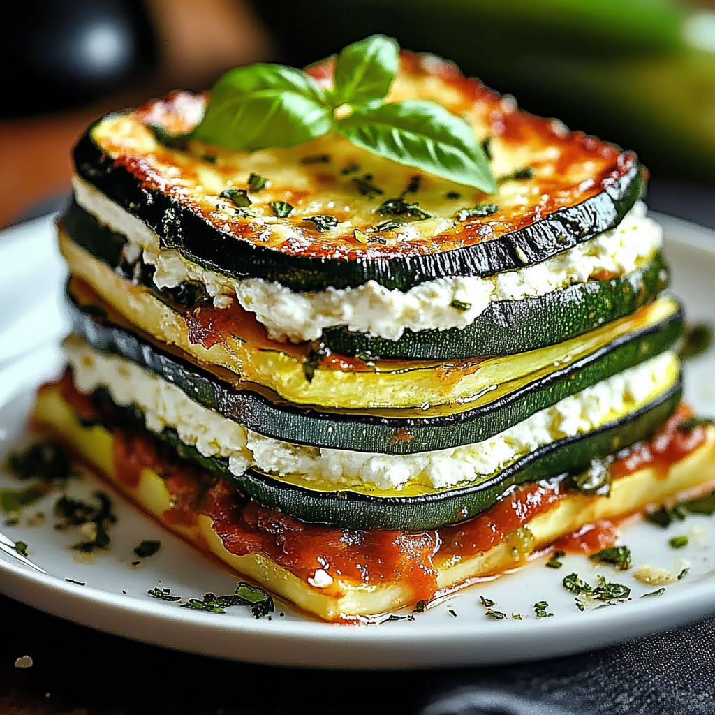 A stack of zucchini with cheese and basil on top, served on a white plate.