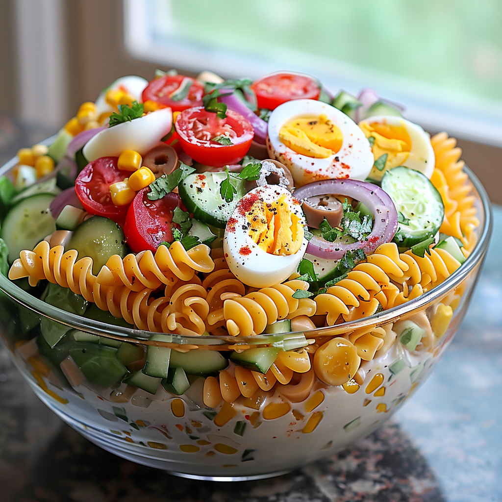 A bowl of pasta salad with various vegetables and eggs.