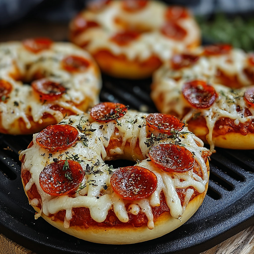 A close up of a homemade air fryer pizza bagel with cheese and pepperoni.