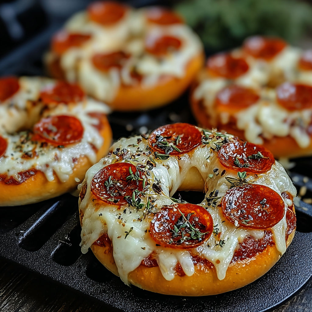 A pan of pepperoni pizza bagels with cheese and herbs on top.