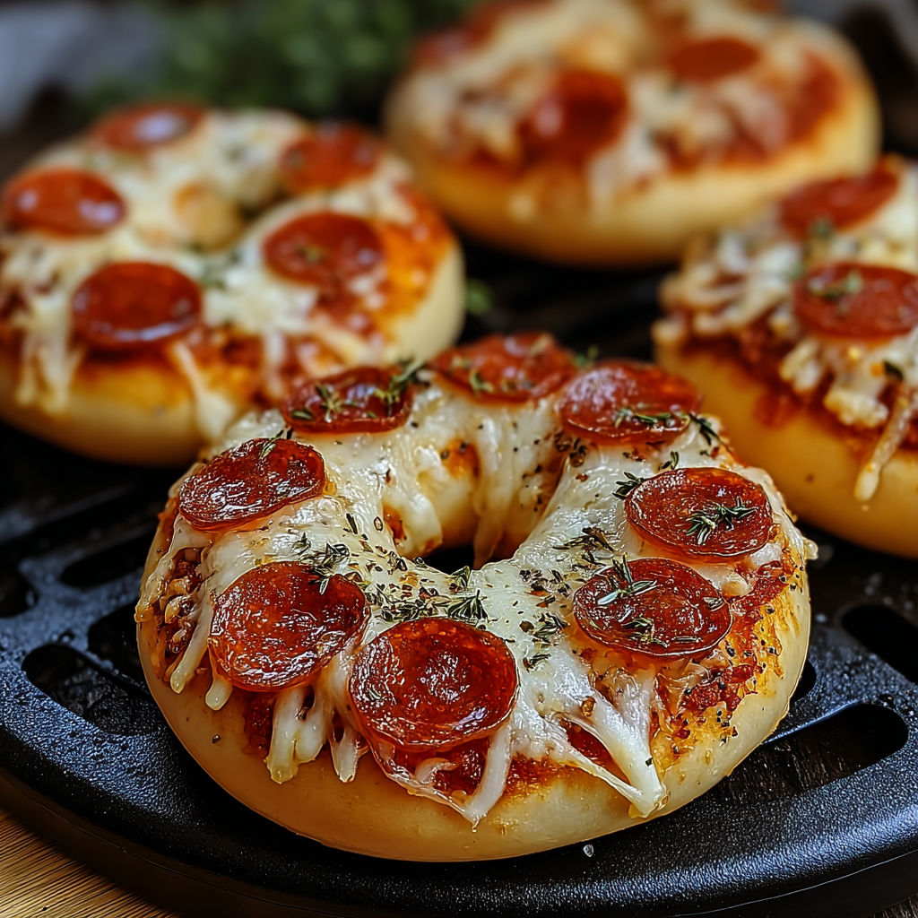 A pizza bagel with pepperoni and cheese on a black tray.