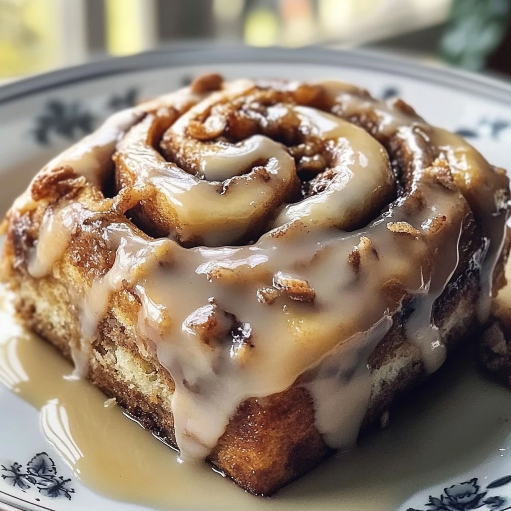 A plate of homemade banana cinnamon rolls with icing dripping off.