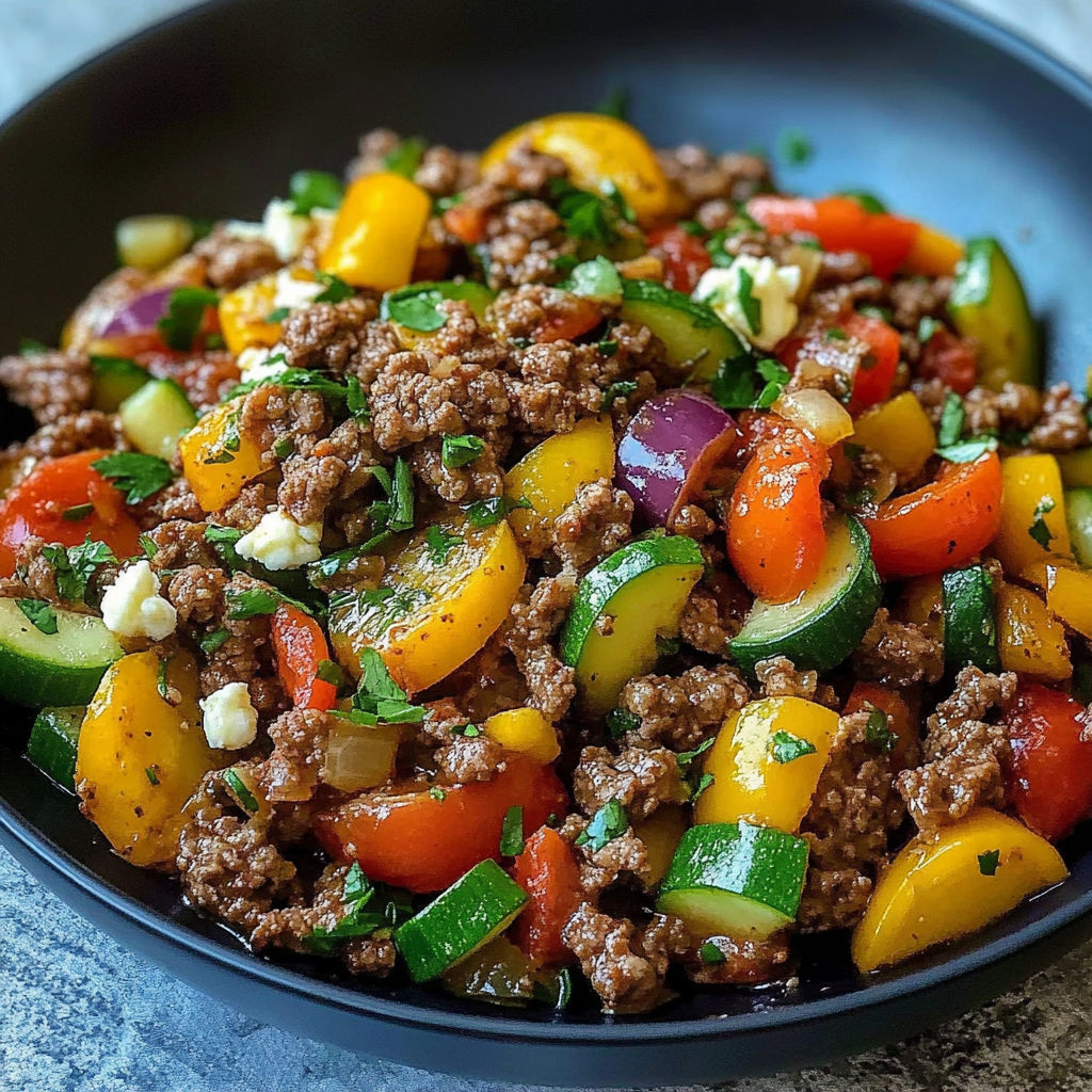 A bowl of meat and vegetables, including tomatoes, cucumbers, and feta cheese, is served on a table.