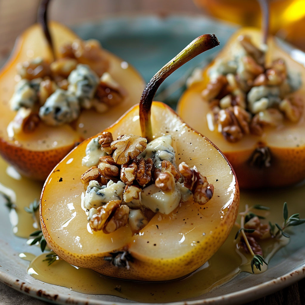 A plate of pears with walnuts and blue cheese, served with a drizzle of honey.