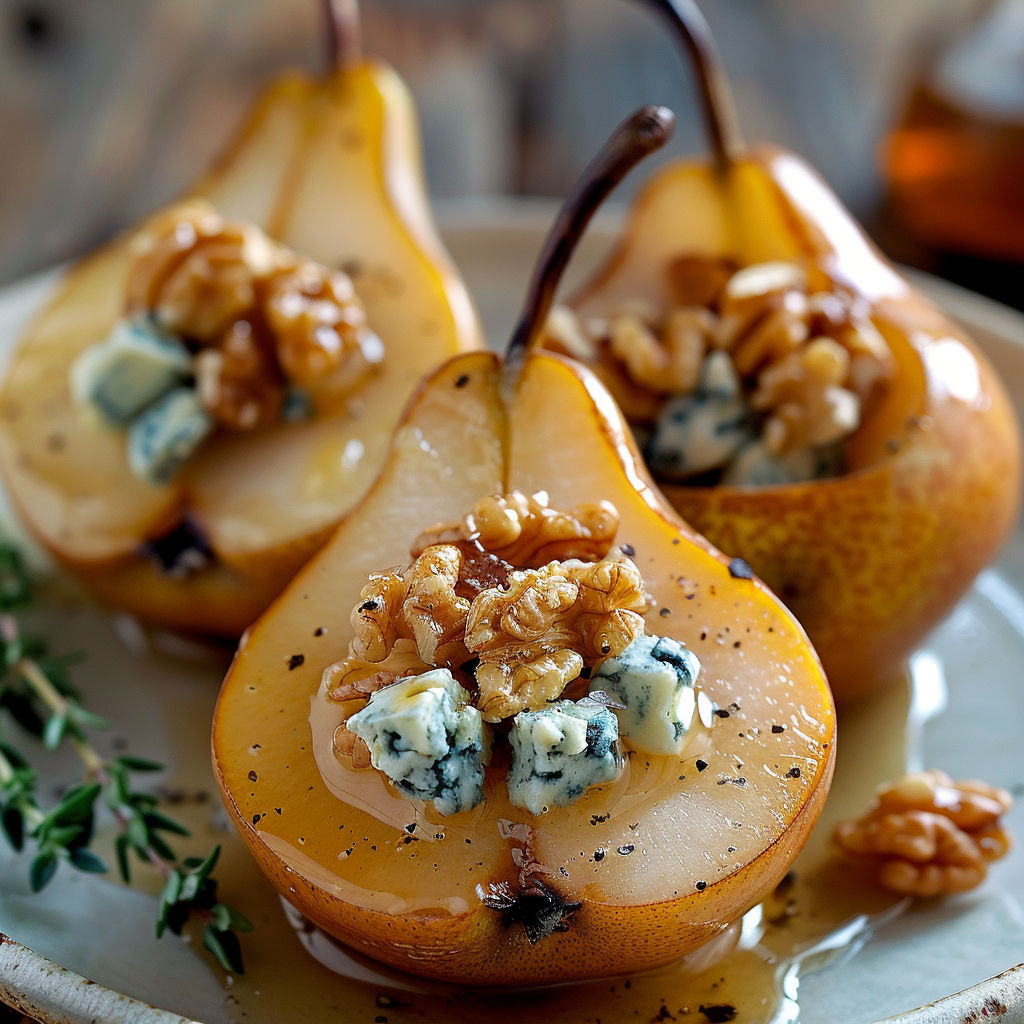 A plate of pears with blue cheese and walnuts, ready to be enjoyed as a delicious dessert.
