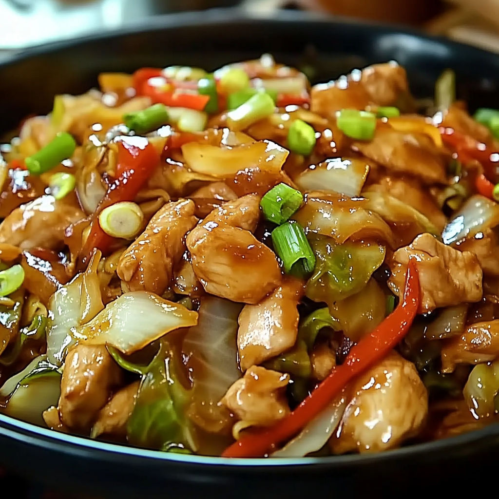 A bowl of stir fry with chicken, peppers, and onions.