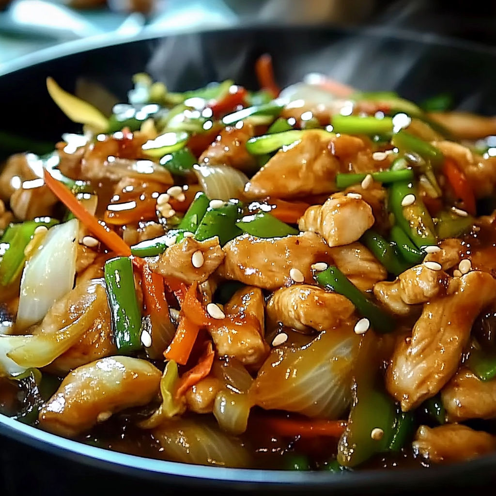 A bowl of stir fry with chicken, peppers, and onions.
