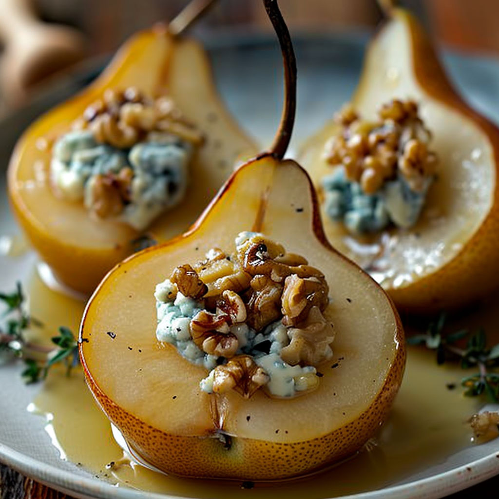 Three stuffed pears with blue cheese and walnuts on a plate.