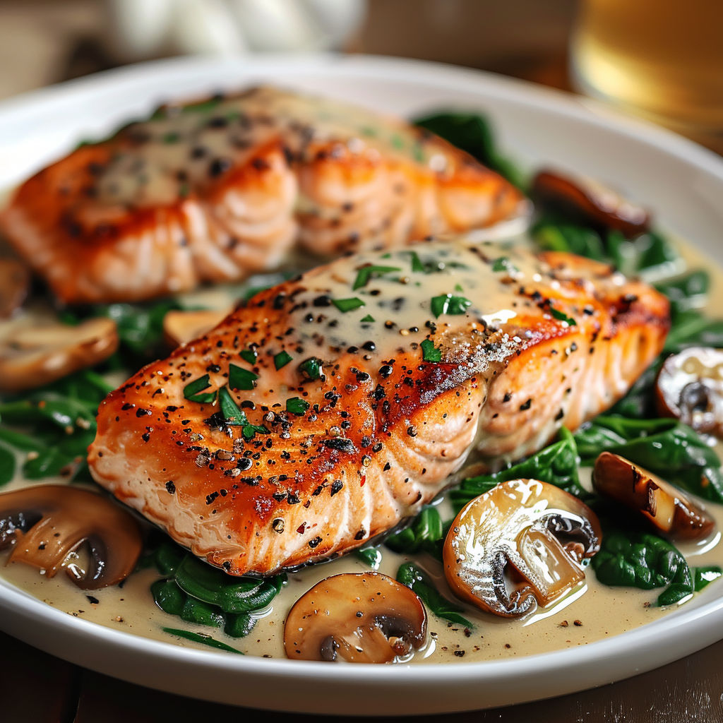 A plate of fish with mushrooms and greens, possibly a salmon dish with mushrooms and greens.
