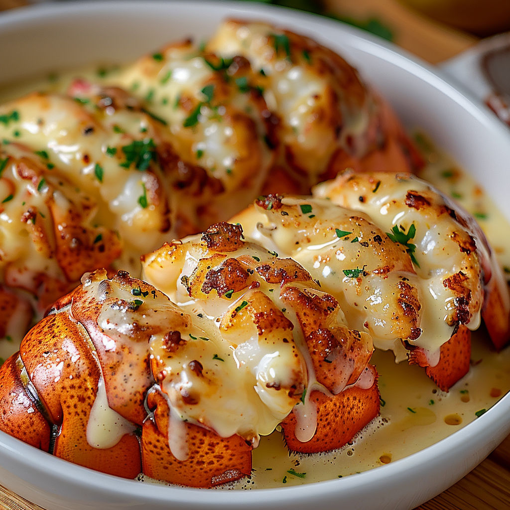 A bowl of lobster with cheese sauce and herbs.