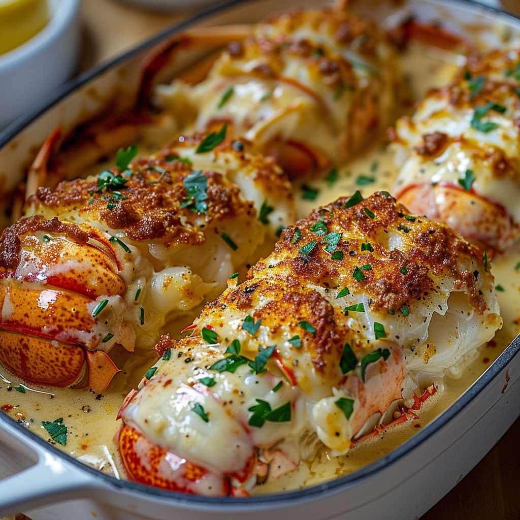 A dish of lobster with a creamy sauce, served in a white bowl.