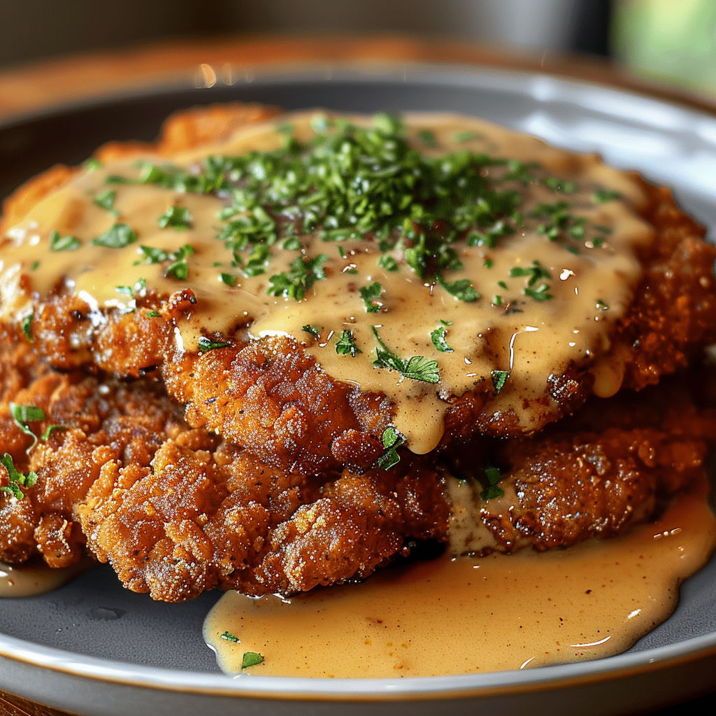 A plate of breaded meat covered in a creamy sauce, garnished with parsley.