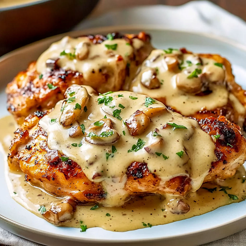A plate of chicken covered in a creamy sauce and mushrooms.