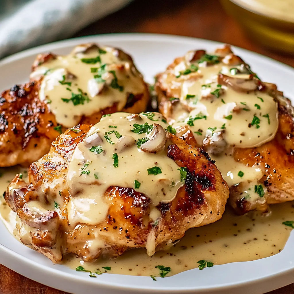 A plate of chicken covered in mushrooms and cream sauce.