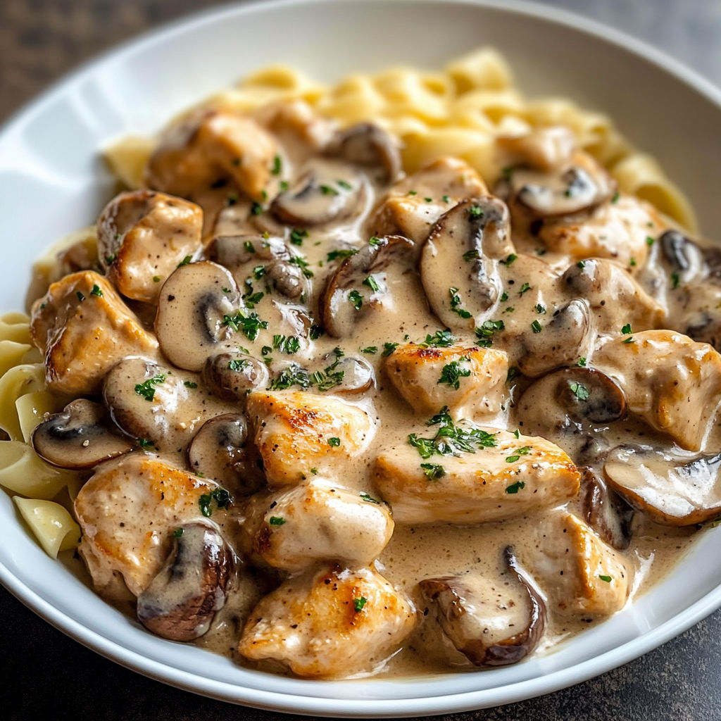 A plate of Chicken Mushroom Stroganoff with noodles and mushrooms.