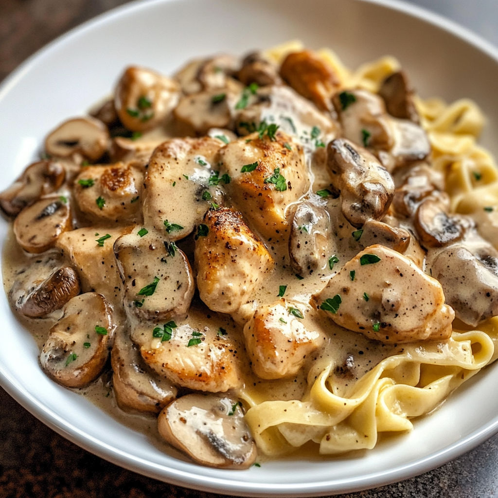 A delicious Chicken Mushroom Stroganoff dish served on a white plate.