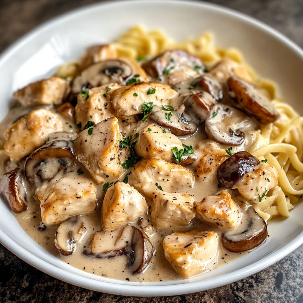 A delicious Chicken Mushroom Stroganoff dish served in a white bowl.