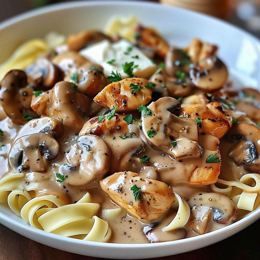 A bowl of mushrooms covered in a creamy sauce, served with pasta.