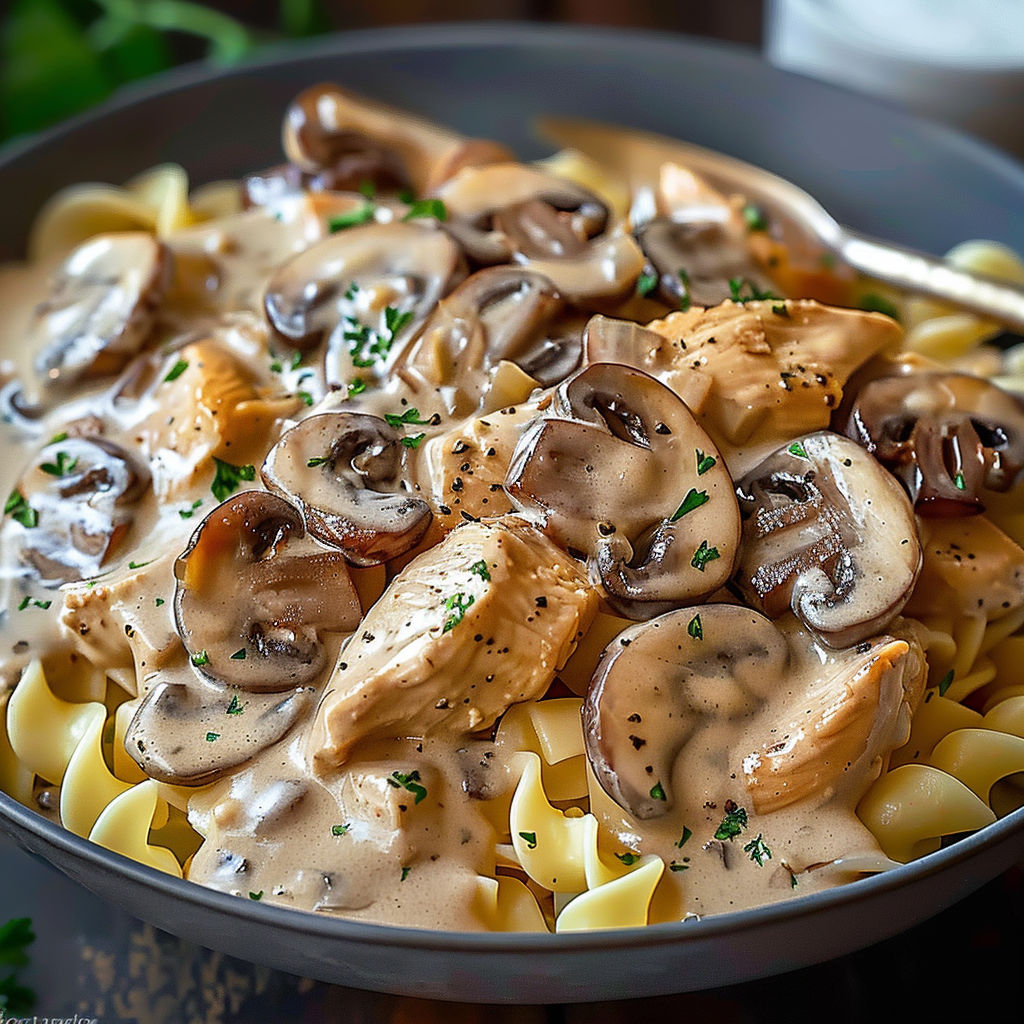 A bowl of pasta with mushrooms and chicken in a creamy sauce.