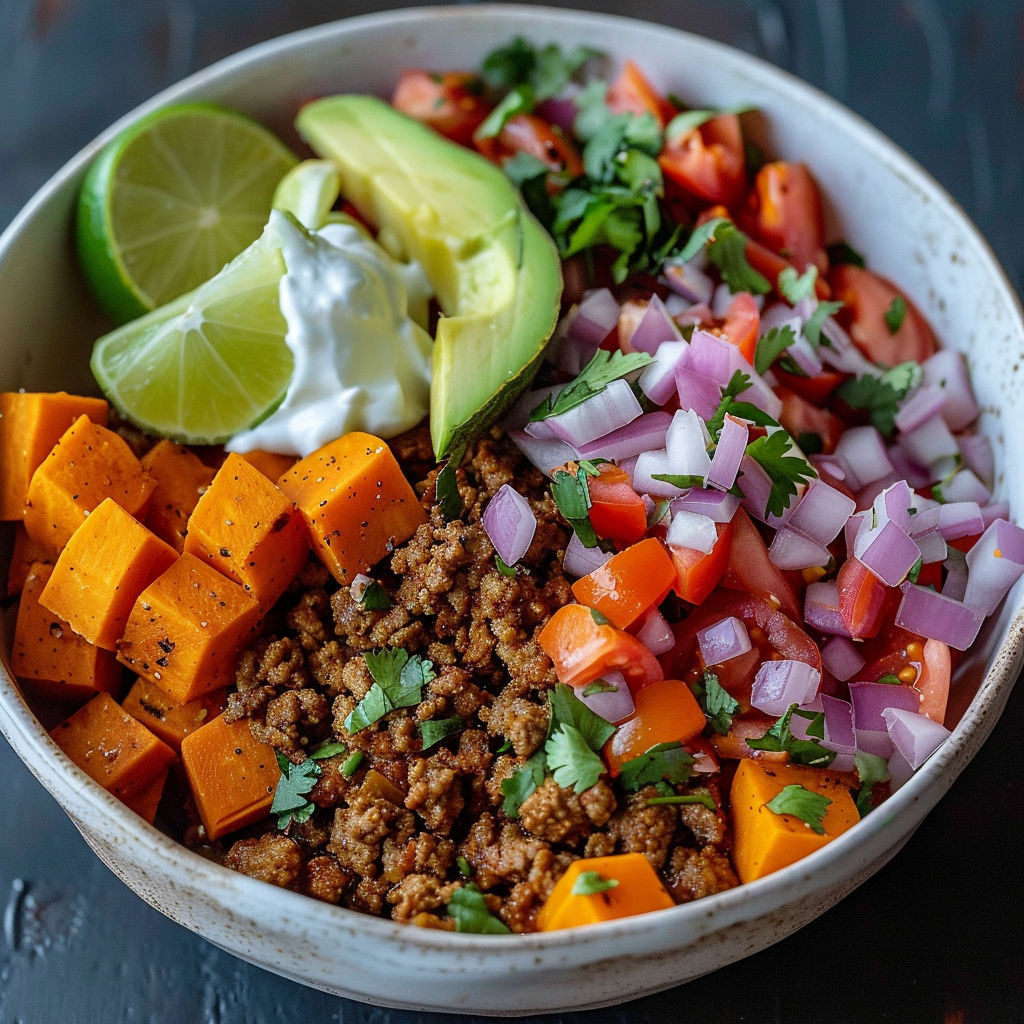 A bowl of food containing sweet potatoes, meat, and various vegetables.