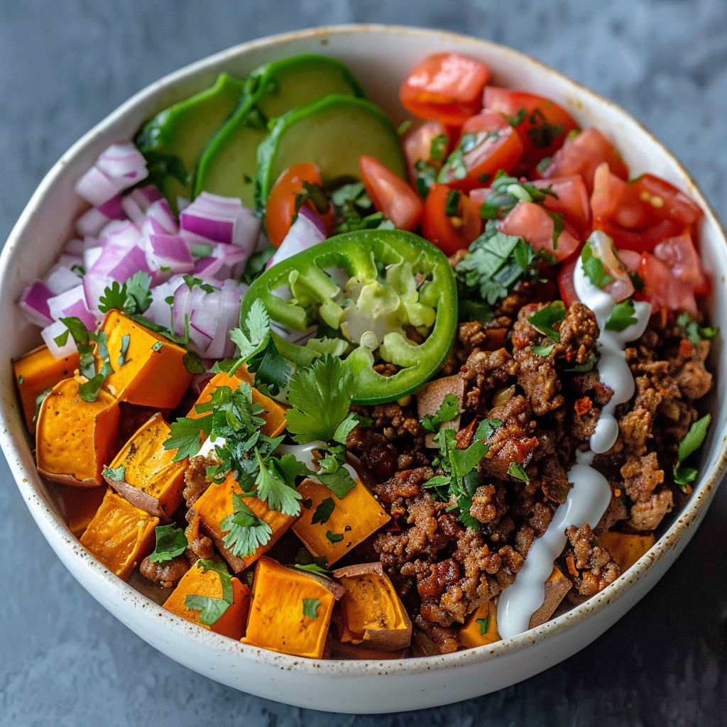 A bowl filled with a variety of vegetables, including sweet potatoes, tomatoes, and onions, is presented in a Sweet Potato Taco Bowl recipe.