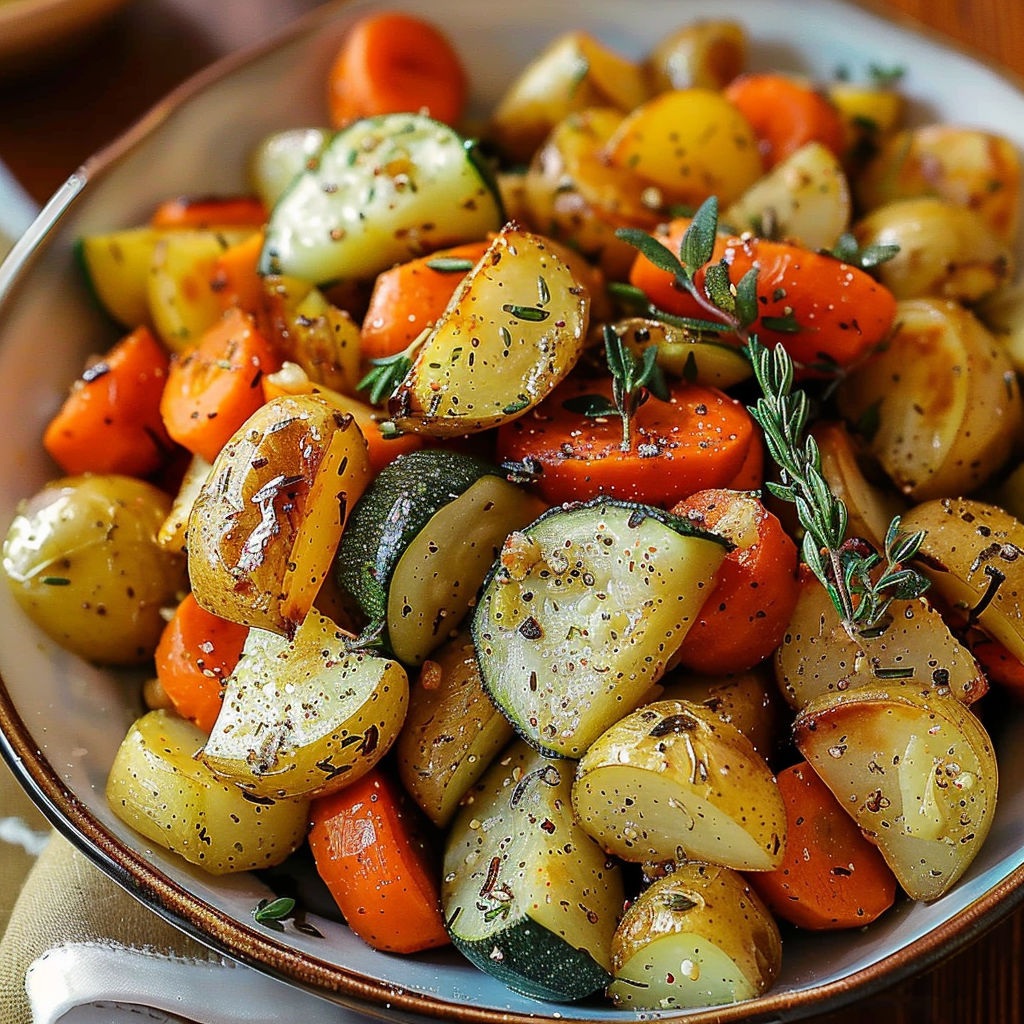 A bowl of roasted vegetables, including carrots, potatoes, and zucchini, is seasoned with garlic and herbs.