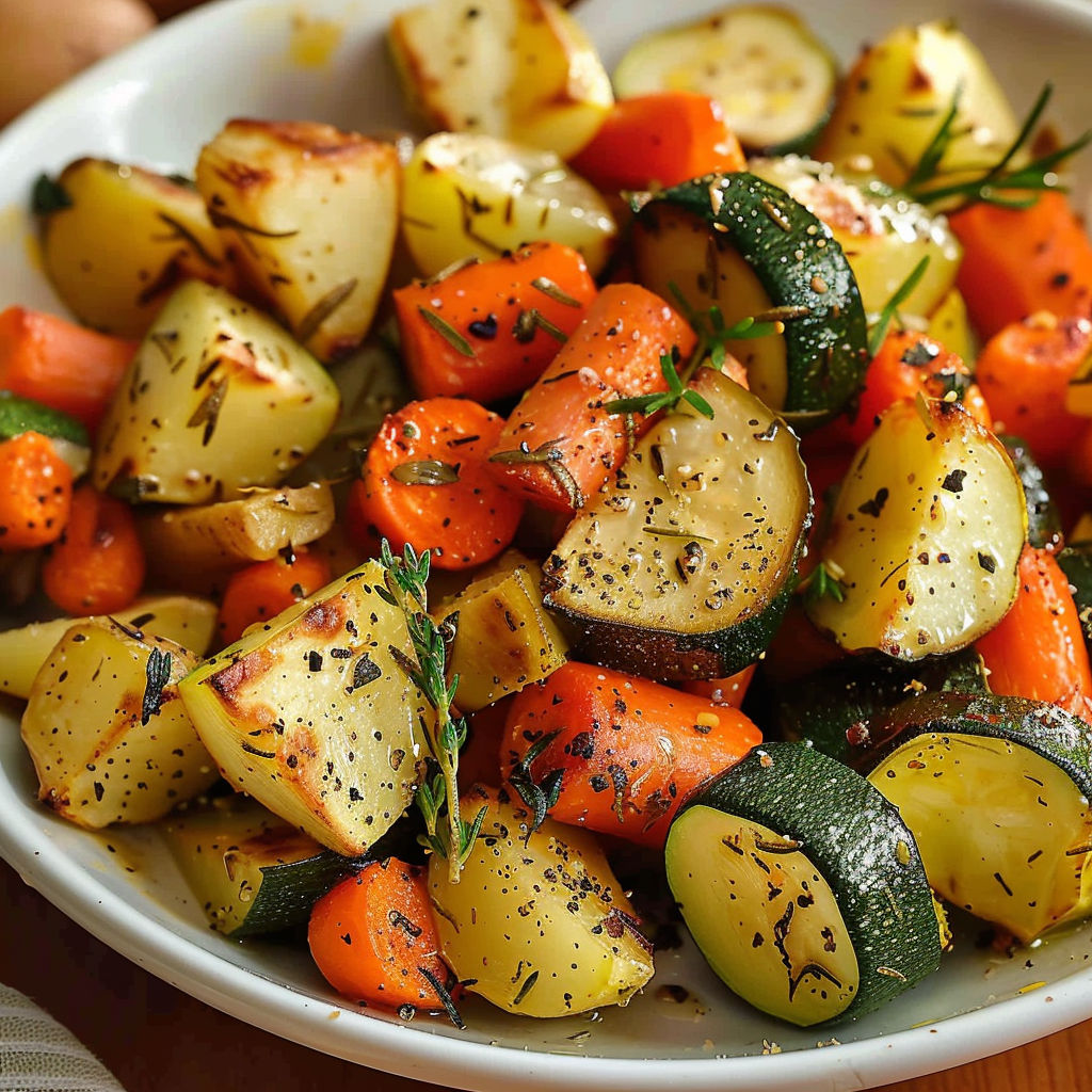 A white plate filled with roasted vegetables, including carrots, zucchini, and potatoes, is garnished with herbs and garlic.