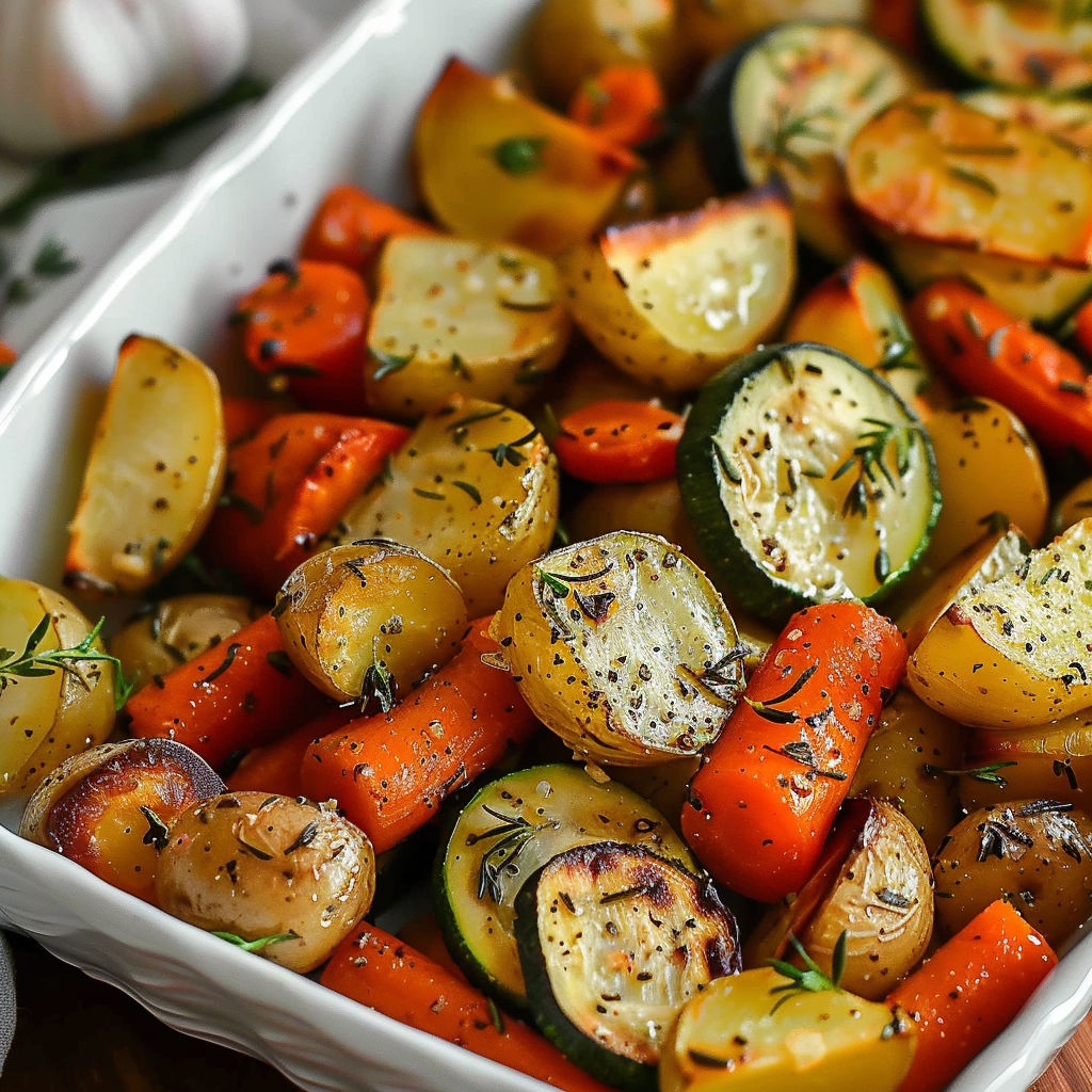 A white bowl filled with a variety of vegetables, including carrots, zucchini, and potatoes, is seasoned with garlic and herbs.