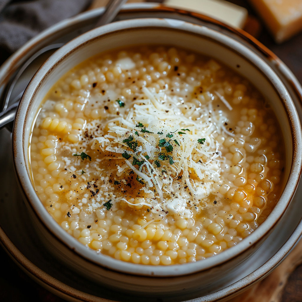 A bowl of Italian Penicillin pastina soup with cheese and herbs on top.