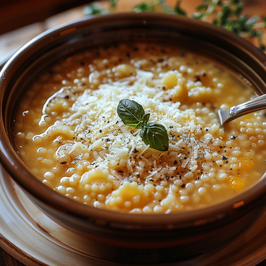 A bowl of soup with a spoon in it, topped with cheese and a leaf.