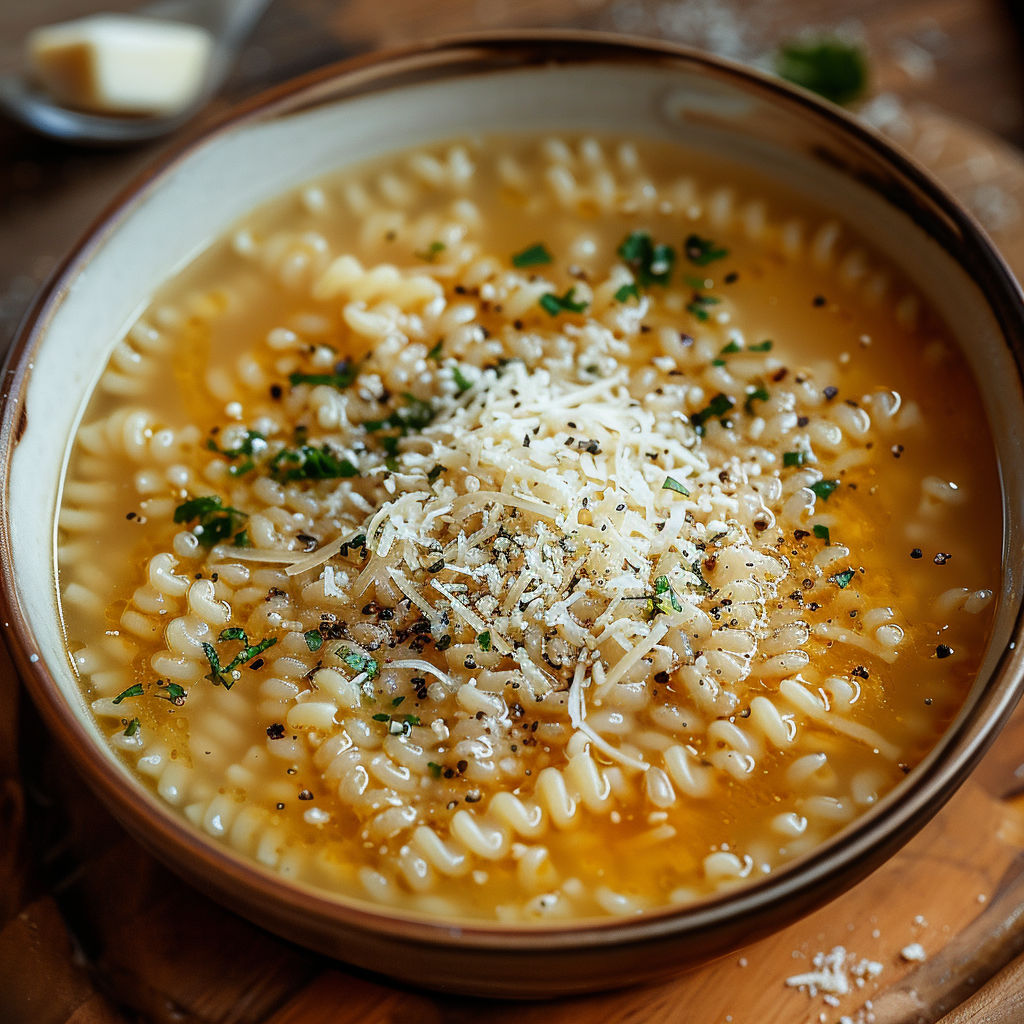 A bowl of pasta with cheese and herbs, likely a creamy pasta dish.