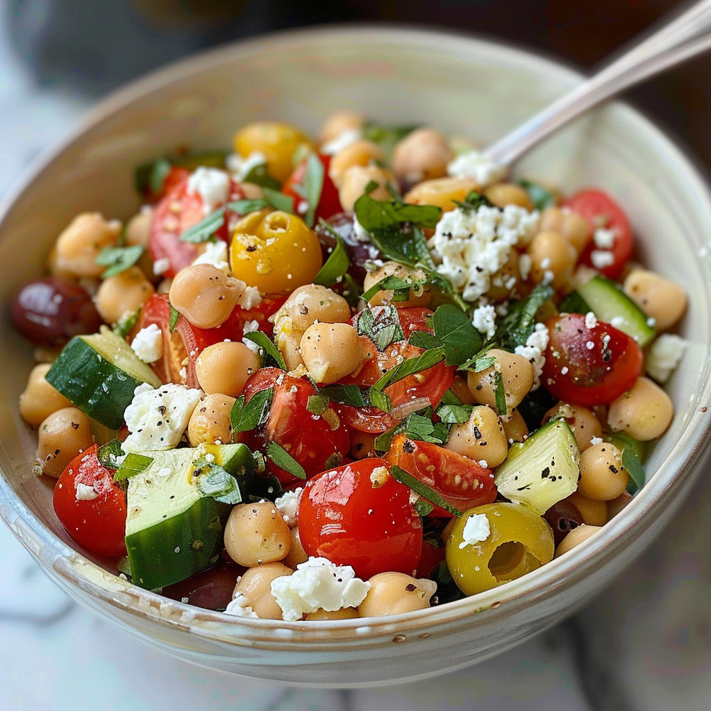 A bowl of Mediterranean Chickpea Salad is filled with various vegetables and beans, making it a healthy and delicious meal option.
