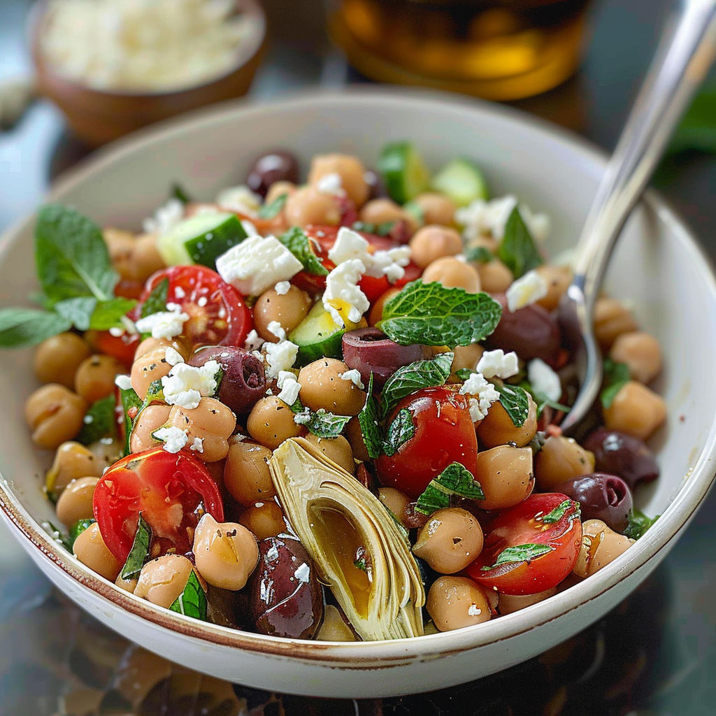 A bowl of Mediterranean Chickpea Salad with a variety of vegetables and herbs.