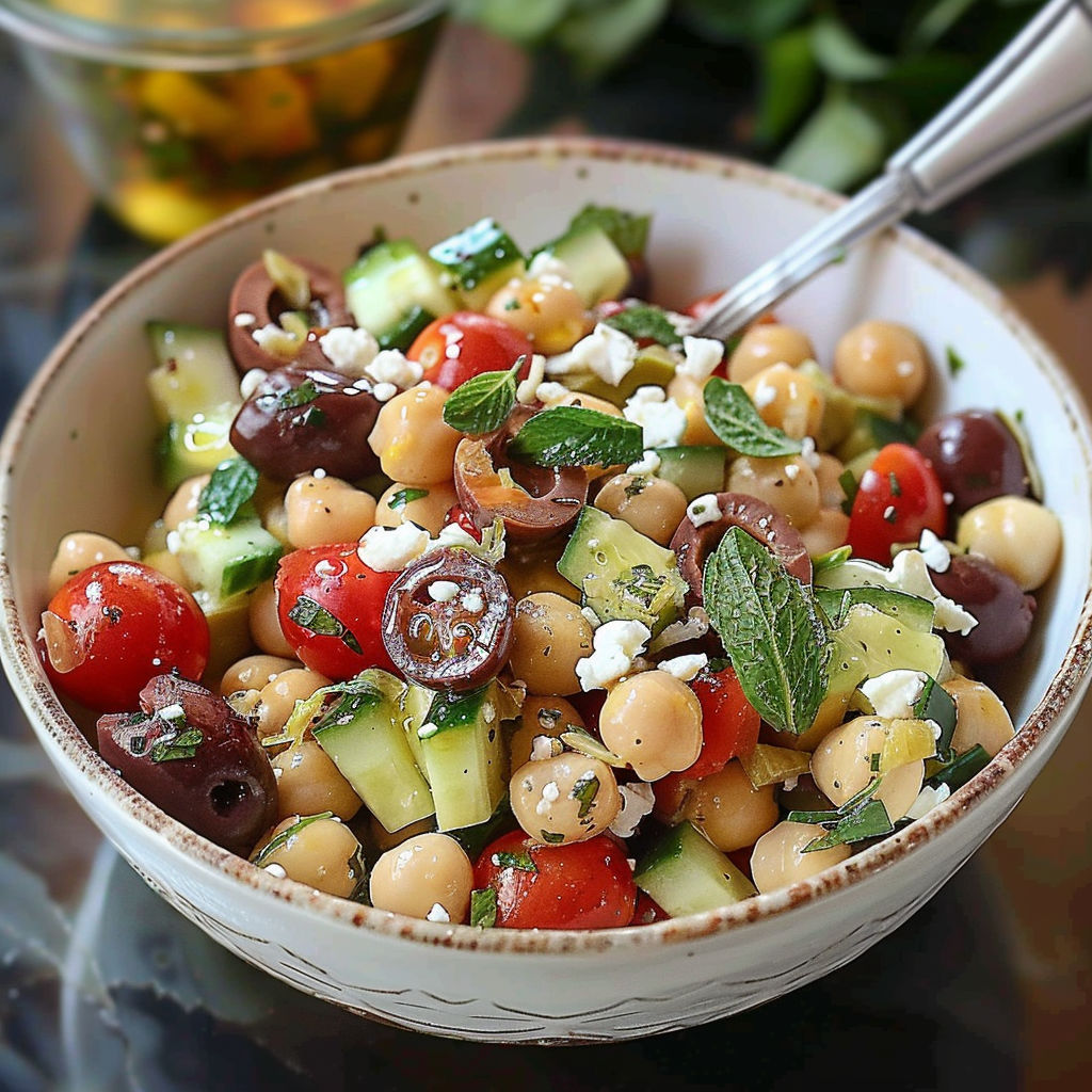 A bowl of Mediterranean Chickpea Salad is filled with a variety of vegetables and beans.
