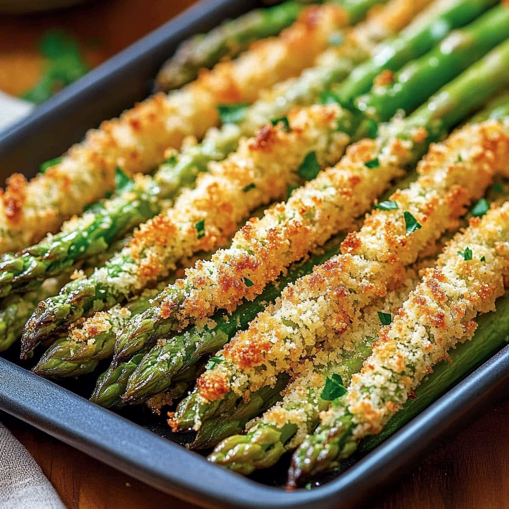 A pan of crispy Parmesan asparagus sticks.