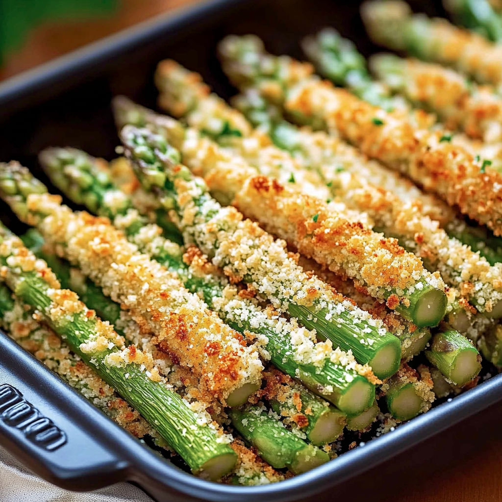 A dish of cooked asparagus with cheese and seasonings.
